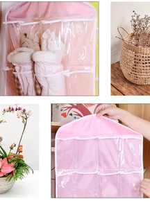 Detail of pink 16-pocket hanging storage bag with transparent PVC pockets for underwear