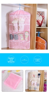 Detail of 16 transparent PVC pockets on a pink non-woven hanging closet organizer