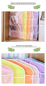 Detail of multi-pocket hanging organizer with clear slots for socks and underwear storage
