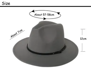 Size chart for gray wool fedora hat with dimensions for brim, height and circumference