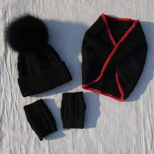 Kids black knit winter set with faux fur pompom hat, scarf and fingerless gloves