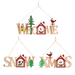 Three-piece wooden Christmas hanging signs with Welcome, Snow, and Xmas greetings
