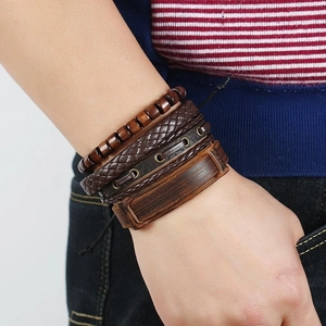 Men's 4-piece multilayer punk set featuring brown braided leather and wooden bead bracelets