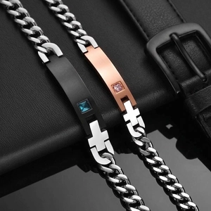Minimalist stainless steel couple bracelets with square crystals and cross cutout design