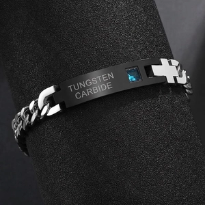 Mens stainless steel Cuban chain bracelet with black cross plaque and blue zircon stone