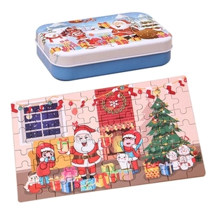 DIY Christmas wooden puzzle set for children with portable metal storage tin box