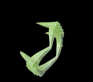 Macro view of neon green glow-in-the-dark vampire fangs made of translucent plastic