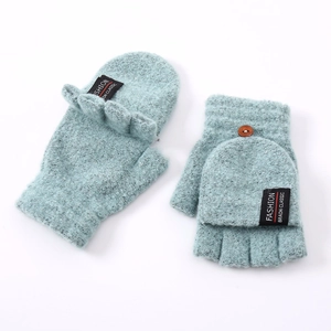 Winter men's knitted flip top gloves in light blue and grey with button closure