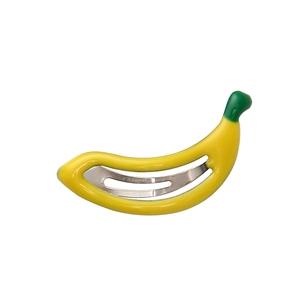 Vibrant yellow banana-shaped fruit hair clip with glossy enamel finish on white background