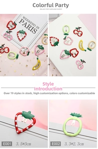 Detailed view of colorful fruit-shaped drip oil hair clips with specific size measurements