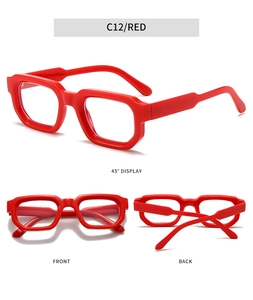 Three-angle views of thick red square sunglasses showing front, back, and 45-degree profiles