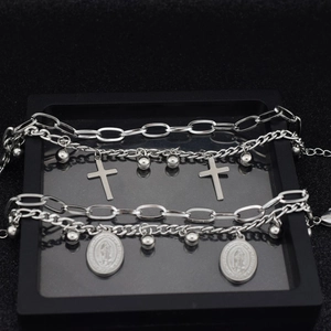 Double Layer Stainless Steel Bracelet Cross Oval Religious Medallion Ball Pendants Gothic Punk Jewelry For Women Men