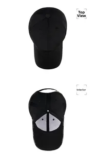 Vue détaillée de la casquette noire montrant les coutures internes et la bande de confort