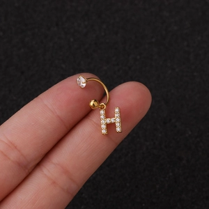 Vue macro d'une boucle d'oreille lettre H en acier inoxydable doré ornée de zircons