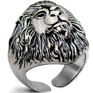 Hip hop lion head ring in vintage silver with an adjustable open band design