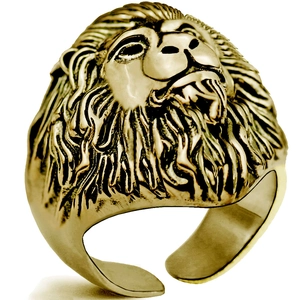 Hip hop men's lion head ring with gold adjustable open band and punk animal relief