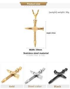 Industrial style cross pendant necklace details with size specs and metal color options