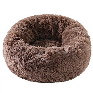 Winter warm round plush donut pet bed for cats and dogs in dark brown color