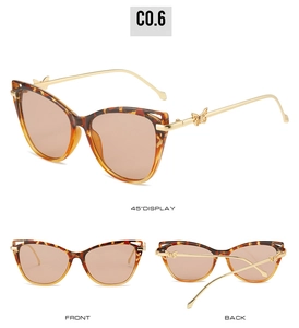 Three views of cat eye sunglasses featuring tortoiseshell frames and gold butterfly temples