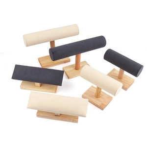 T-Bar Jewelry Display Stand Solid Wood Bracelet Watch Organizer Velvet Leather Storage Rack Desktop Holder Accessory