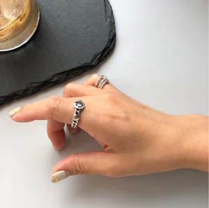 Minimalist 925 sterling silver smile face ring with vintage Cuban chain design on hand