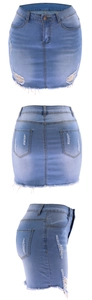Detail of light blue denim mini skirt featuring distressed holes and frayed raw edges