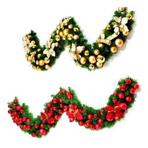 2.7m Christmas garland with dense gold and red flowers, balls, and festive ribbons
