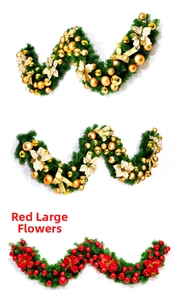 Detail of 2.7m Christmas garlands with golden and red ornaments, glitter flowers and bows