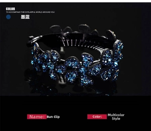 Macro detail of bird nest hair clip featuring ink blue rhinestones in floral design