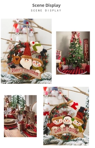 Detailed view of Christmas rattan wreath ornaments with snowman and reindeer plush figures
