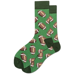Close-up of green cotton crew socks with American football patterns and knit texture