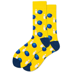 Detail of yellow cotton mid-calf socks featuring blue bowling ball and pin patterns