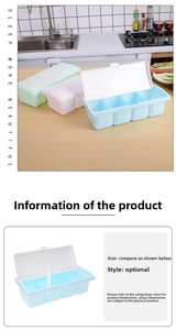 Detail of 4-compartment plastic seasoning box with lid and spoons for spice storage