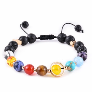 Detail of 8mm solar system bracelet with natural lava rock and colorful galaxy stone beads