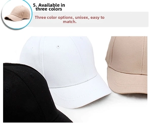 Détail de trois casquettes de baseball classiques en noir, blanc et beige en sergé de coton