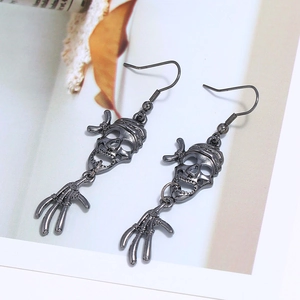 Detail of gunmetal skull and skeleton hand earrings with metal ear hooks for Halloween