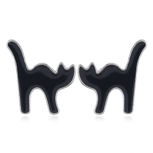 Detailed view of black arched cat earrings with silver alloy outlines for Halloween style
