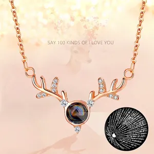 Antler Pendant Necklace Copper With Multi Language I Love You Projection Stone Rhinestone Romantic Jewelry For Women