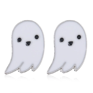 Detail view of cartoon ghost earrings with white enamel finish and silver alloy frame