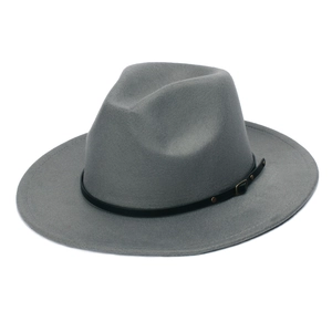 Detail of grey felt fedora hat featuring a black leather band and gold metal buckle