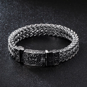 Herren Vintage Silber Edelstahl Weizenkette Armband mit geschnitzter Schnalle