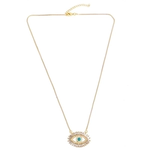 Golden Evil Eye choker necklace with blue center stone and rectangular zircon accents