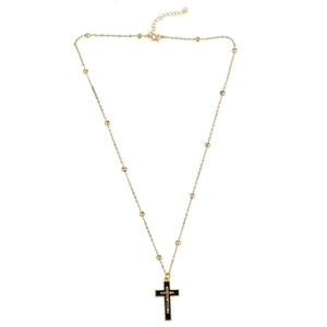 Classic gold beaded necklace featuring a black cross pendant with Cristo engraving