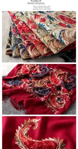 Detail of colorful paisley embroidery and handmade fringe on a cashmere cotton shawl