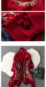 Macro detail of wine red cashmere shawl featuring intricate floral paisley embroidery