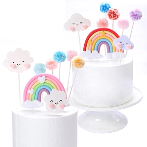 Rainbow and colorful pom pom cake toppers set for party birthday decoration