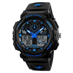 Men's outdoor sports dual display watch with black rubber strap and blue accents