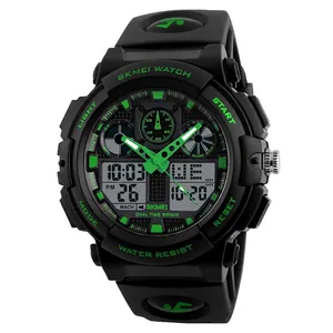 Rugged all-black waterproof digital watch with green dial and dual-display sport mode