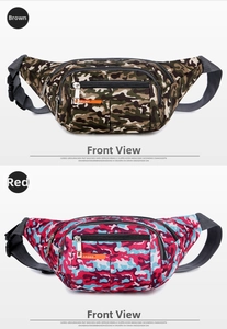 Detailed view of camouflage nylon waist bags with adjustable straps and front zip pockets