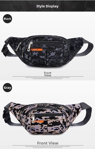 Detail view of black and grey camouflage waterproof waist bags with SPORT logo patch